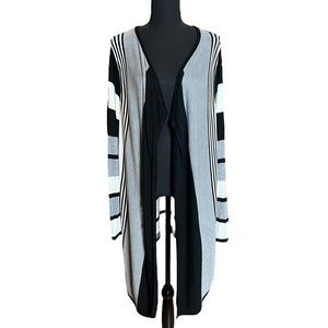 Avenue Open Cardigan Sweater Size 14/16 Hi Low Black Gray White Stripes